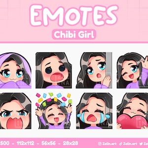 ちびガール | Twitch、Discord、YouTube 用エモートバンドル | 黒髪、青い目、青白い肌 | ストリームアセット、かわいい、紫