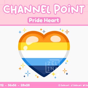 Könnte beinhalten: Grafik in Herzform mit dem Text "CHANNEL POINT" und "Pride Heart". Das Herz hat einen Farbverlauf von Orange, Gelb, Weiß, Hellblau und Dunkelblau. Kleine Sternschnuppen in Orange, Gelb und Blau umgeben das Herz.