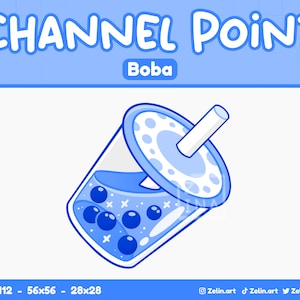 Puede incluir: Una ilustración de dibujos animados azul de un vaso de boba con una pajita y una tapa. El vaso está lleno de perlas de boba azules y un líquido azul. El texto "Boba" está encima del vaso.