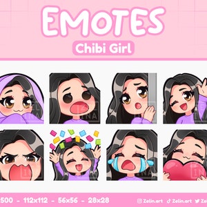 ちびガール | Twitch、Discord、YouTube 用エモートバンドル | 黒髪、茶色の目、青白い肌 | ストリームアセット、かわいい、紫