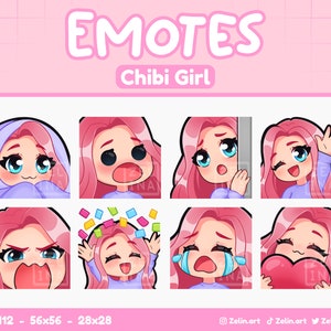 Fille Chibi | Pack Emote pour Twitch, Discord et YouTube | Cheveux roses, yeux bleus, peau pâle | Actifs de flux, mignon, violet