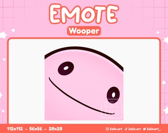 May include: Pink cartoon emote with a wide smile and two black eyes. The emote is labeled "Wooper" and is 112x112 pixels.
