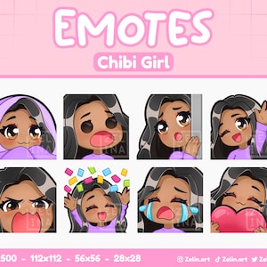 ちびガール | Twitch、Discord、YouTube 用エモートバンドル | 黒髪、茶色の目、キャラメル肌 | ストリームアセット、かわいい、紫