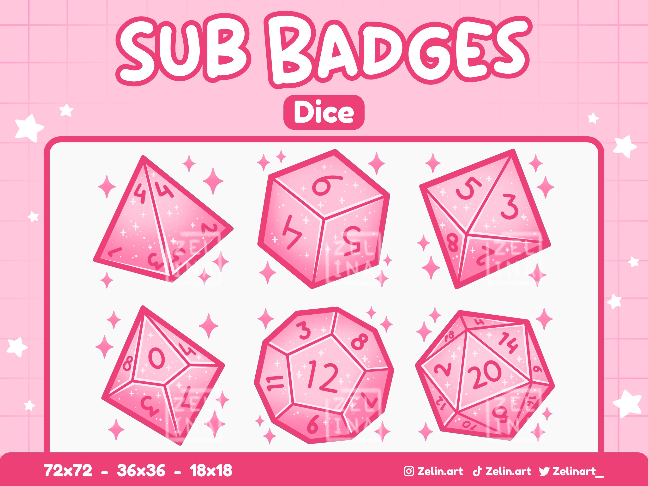 DnD Dice | Sub / Bit Badges Bundle for Twitch, Discord and YouTube | Stream Assets, Cute, Pink