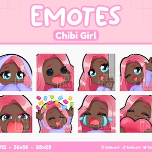 Fille Chibi | Pack Emote pour Twitch, Discord et YouTube | Cheveux roses, yeux bleus, peau expresso | Actifs de flux, mignon, violet