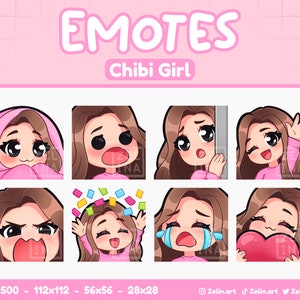 Chibi Girl | Emote Bundle for Twitch, Discord and YouTube | Brown Hair, Black Eyes, Pale Skin | Stream Assets, Cute, Pink
