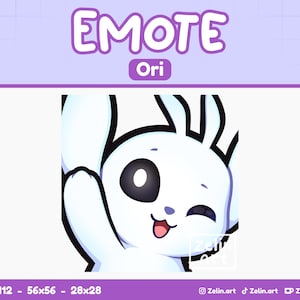 May include: A digital illustration of a white cartoon character with large black eyes, winking and waving. The word "EMOTE" is at the top, with "Ori" below it. The image is on a purple background with stars.