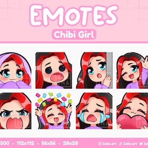 ちびガール | Twitch、Discord、YouTube 用エモートバンドル | 黒/赤髪、青い目、青白い肌 | ストリームアセット、かわいい、紫