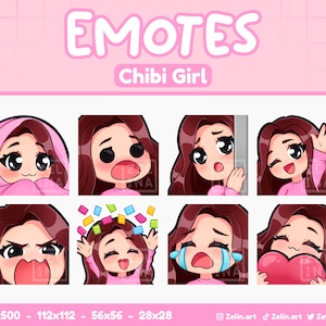 Chibi Girl | Emote Bundle for Twitch, Discord and YouTube | Burgundy Hair, Black Eyes, Pale Skin | Stream Assets, Cute, Pink