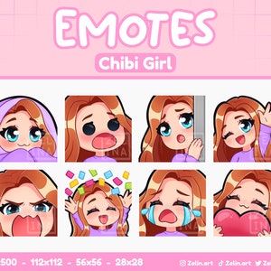 Fille chibi | Pack d'émoticônes pour Twitch, Discord et YouTube | Cheveux roux, yeux bleus, peau pâle | Stream Assets, Mignon, Violet