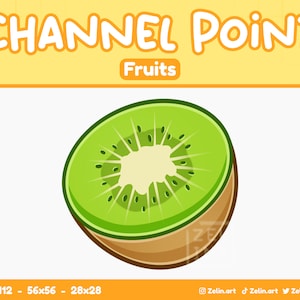 May include: A close-up of a kiwi fruit cut in half, showing the green flesh and black seeds. The kiwi is on a white background with the text "Channel Point Fruits" above it.