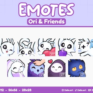 Puede incluir: Un conjunto de emoticonos digitales con personajes de "Ori & Friends". Los emoticonos muestran diversas expresiones y acciones, como un personaje sosteniendo un corazón, un fantasma y un personaje con una bebida. La paleta de colores es principalmente blanca, morada y azul.