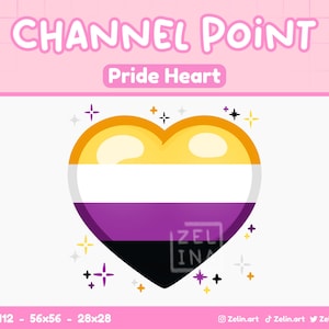 Puede incluir: Un corazón morado, blanco, amarillo y negro sobre un fondo brillante. El corazón es un símbolo de la bandera del orgullo asexual. El texto "Channel Point" y "Pride Heart" está en la parte superior de la imagen.