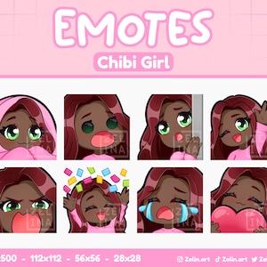 Chibi Girl | Emote Bundle for Twitch, Discord and YouTube | Burgundy Hair, Green Eyes, Espresso Skin | Stream Assets, Cute, Pink