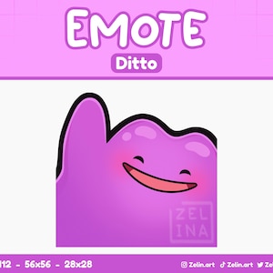 May include: A purple cartoon character with a big smile and blushing cheeks. The character is waving with its right arm. The character is labeled "Ditto" and is part of a series called "EMOTE".