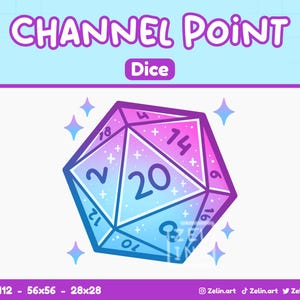Puede incluir: Ilustración digital de un dado de veinte caras, con un degradado de azul y rosa. El dado tiene el número 20 en un lugar destacado, con otros números visibles. El texto "CHANNEL POINT Dice" está en la parte superior.