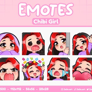 ちびガール | Twitch、Discord、YouTube 用エモートバンドル | 黒/赤髪、茶色の目、青白い肌 | ストリームアセット、かわいい、紫