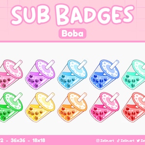 May include: Nine colourful boba tea cup illustrations in various sizes, including 72x72, 36x36, and 18x18 pixels. The cups are filled with boba pearls and have a straw sticking out of the top. The text "SUB BADGES Boba" is at the top of the image.