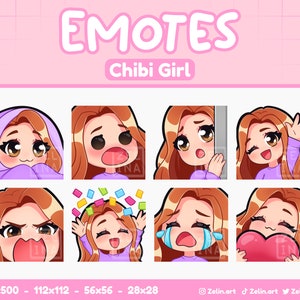 Pode incluir: Um conjunto de nove emojis animados que representam uma menina de desenho animado com cabelo castanho e vestida com roupas roxas. Os emojis mostram diferentes expressões, incluindo feliz, triste, com raiva e surpresa. Os emojis são projetados em estilo chibi, que é um estilo de personagem de desenho animado japonês com uma cabeça grande e um corpo pequeno.