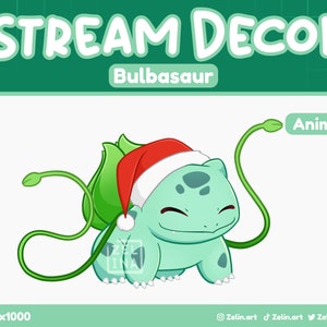 May include: Animated digital illustration of a green Bulbasaur Pokemon wearing a red Santa hat. The Pokemon is smiling and has a green vine tail. The text "Stream Decor" and "Bulbasaur" are at the top of the image. The text "Animated!" is in the top right corner of the image.