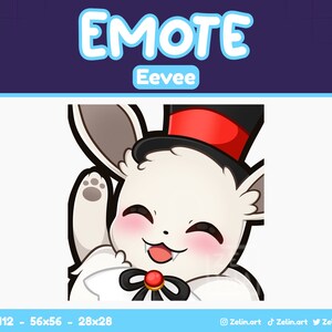 May include: A cartoon illustration of a white Eevee with red cheeks, wearing a black top hat with a red band and a black bow tie with a red jewel. The Eevee is smiling with its tongue sticking out and its right paw raised.