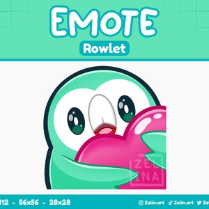 May include: A green and white cartoon Rowlet Pokemon holding a pink heart. The text "EMOTE" and "Rowlet" are above the image.