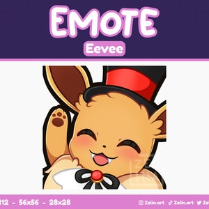 May include: A cartoon illustration of a brown and tan Eevee wearing a red and black top hat with a red bow tie. The Eevee is smiling with its tongue sticking out and its paw raised in the air.