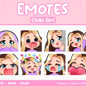 Fille chibi | Pack d'émoticônes pour Twitch, Discord et YouTube | Cheveux bruns/blonds, yeux bleus, peau pâle | Stream Assets, Mignon, Violet