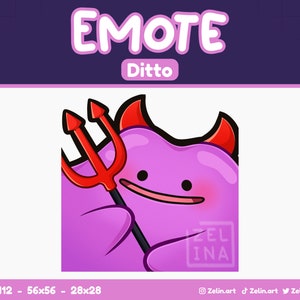 May include: A purple cartoon character with red horns and a red trident. The character is smiling and has a pink blush on its cheeks. The text "EMOTE Ditto" is above the character.