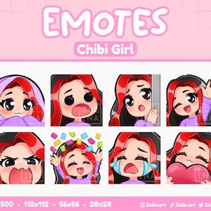 ちびガール | Twitch、Discord、YouTube 用エモートバンドル | 黒/赤髪、黒い目、青白い肌 | ストリームアセット、かわいい、紫