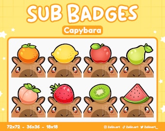 Capybara Fruits | Sub / Bit Badges Bundle for Twitch, Discord and YouTube | Stream Assets, Cute, Multicolour