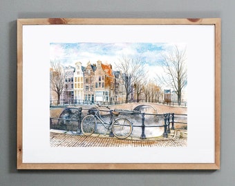 Original watercolor painting of a canal in Amsterdam. 30x40 cm