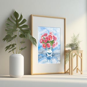 Aquarelle originale. Vase en verre, nature morte « Tulipes sereines ».