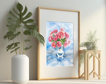 Dipinto originale ad acquerello. Natura morta in vaso di vetro "Tulipani sereni".