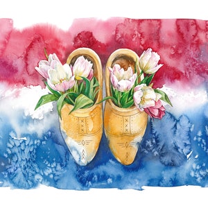 Aquarelle originale. Tulipes en sabots hollandais traditionnels, arrière-plan aux couleurs du drapeau. « Souvenirs des Pays-Bas »