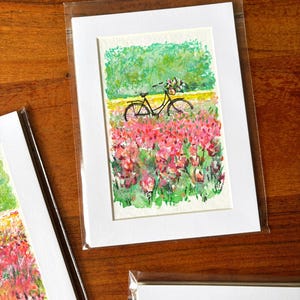 Acquerello originale + pastello "Primavera in Olanda". 10 x 15 cm. Campo di tulipani olandesi.