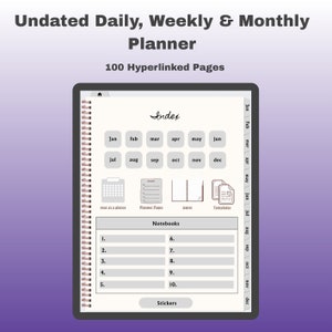 Undated Digital Planner, iPad Planner, GoodNotes Planner, Notability Planner, Daily weekly and monthly planner, 100 Hyperlinked Pages