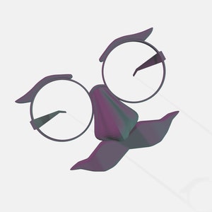 May include: A purple and green plastic novelty party mask with a large nose, mustache, and round glasses.