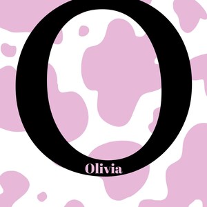 May include: A black letter O on a white background with pink cow print spots. The name Olivia is written below the letter.