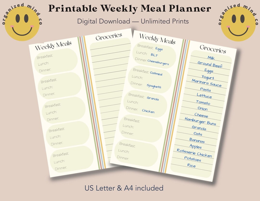 Printable Weekly Meal Planner & Grocery List | A4 and US Letter ...