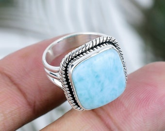Handmade Square Larimar Ring, 925 Sterling Silver, Dominican Republic