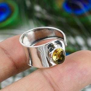 Valuable Citrine Ring, 925 Sterling Silver, Yellow Gemstone Ring, Wide Band Ring, Handmade Gemstone Ring, Adjustable Ring, Gift For Wife