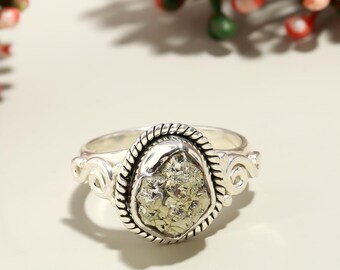 Antique Pyrite Gemstone Ring, 925 Sterling Silver Statement Ring
