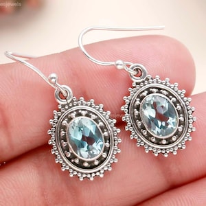 100% Genuine Blue Topaz Earrings, Gemstone Earrings, Blue Drop & Dangle Earrings, 925 Silver Plated Jewelry, Birthday Gift, Earrings For Her