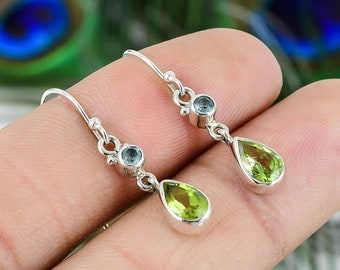 Peridot And Blue Topaz Silver Earring, beautiful Gemstone Set, Handmade Earring, 925 Sterling Silver Jewelry, Dangle Earring, Gift For Love~