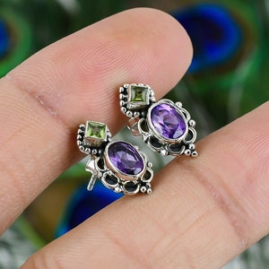 Natural Amethyst Gemstone Silver Stud Earring - 925 Sterling Silver - Peridot Earring - Handmade Jewelry - Two Stone Stud - Gift For Bridal~