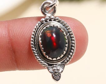 Handmade Black Ethiopian Opal Pendant, Sterling Silver Necklace, October Birthstone