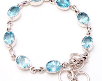 Natural Blue Topaz Bracelet, Blue Gemstone Bracelet, Chain Bracelet, 925 Sterling Silver Jewelry, Wedding Gift, Bracelet For Daughter