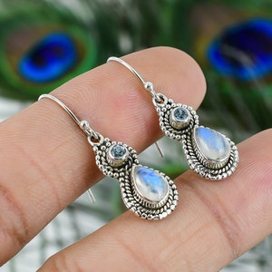 Rainbow Moonstone Earrings with Blue Topaz Sterling Silver Dangle Rainbow Moonstone Earrings with Blue Topaz Sterling Silver Dangle