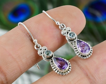 Genuine Amethyst Earrings, 925 Sterling Silver Gemstone Earrings, Purple Stone Teardrop Amethyst Jewelry, Two Stone Earrings, Blue Topaz